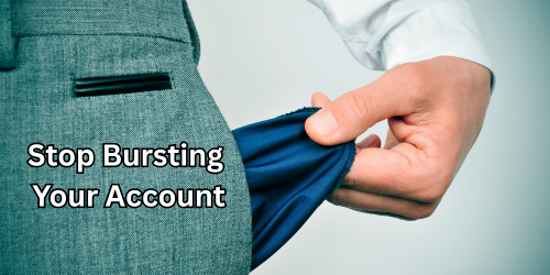 A close-up of a man in a suit pulling out an empty pocket, with the humorous caption “Stop Bursting Your Account” – used on CFDEdu.com to highlight common trading mistakes with a light-hearted tone.
