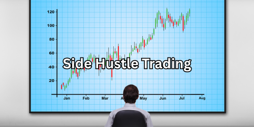 A person in a suit sitting and staring at a large candlestick chart on a wall with the caption “Side Hustle Trading” – used on CFDEdu.com to represent the idea of part-time trading as a second income source.