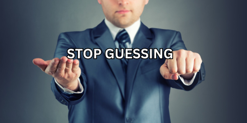 A man in a suit making a hand gesture like flipping a coin, with the bold caption “STOP GUESSING” – featured on CFDEdu.com to promote informed trading decisions over random speculation.